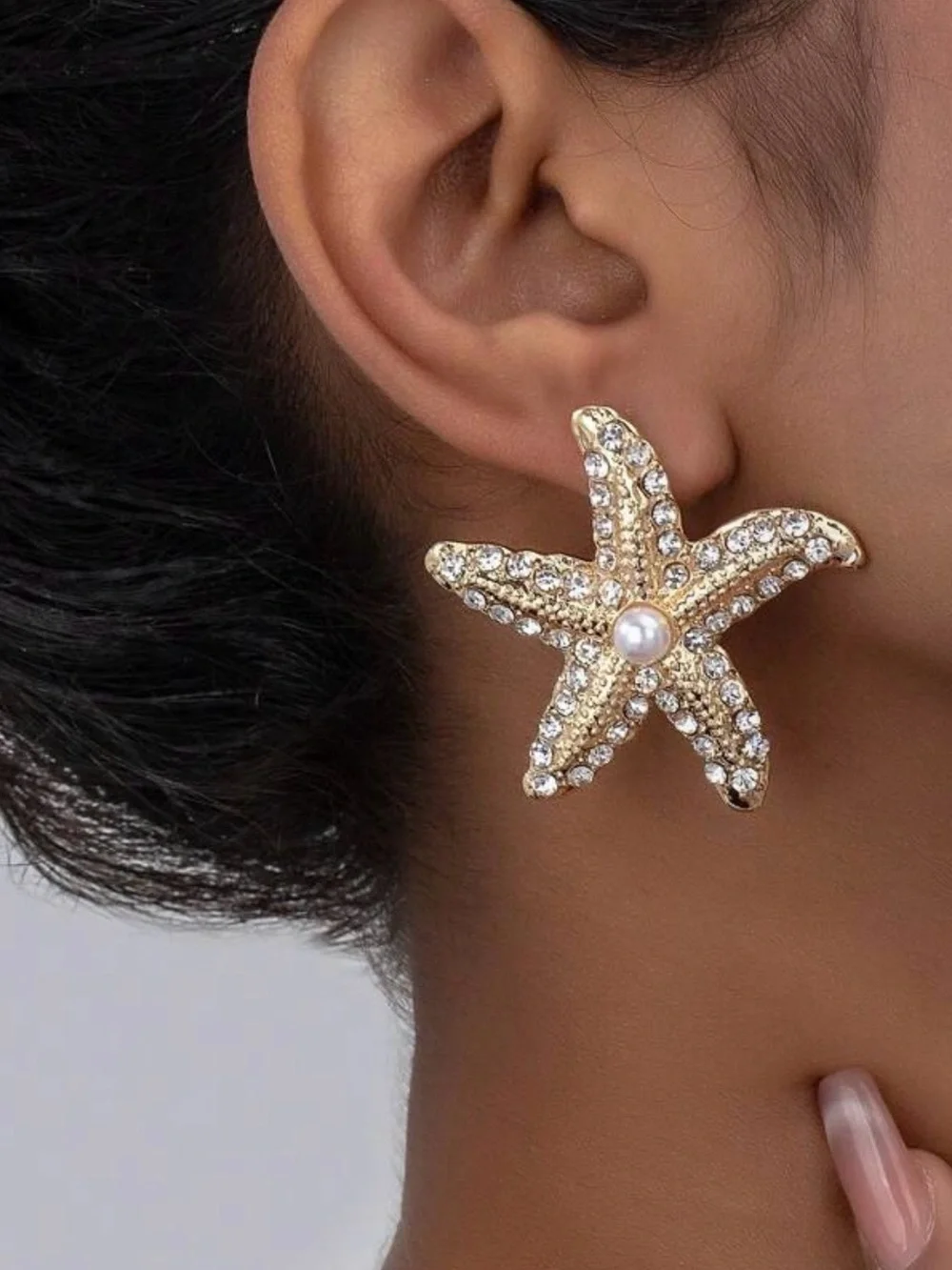 Gold Rhinestone Starfish Statement Earrings with Pearl Detail